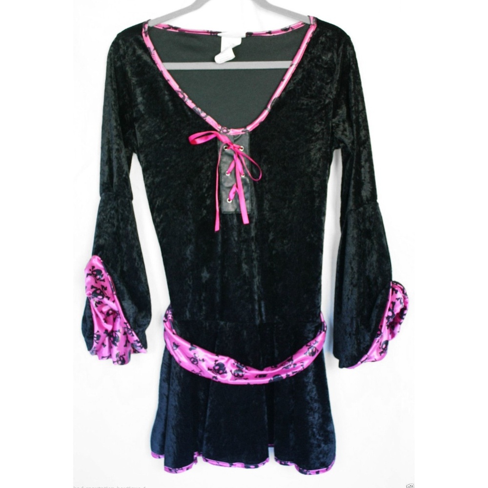 California Costume Black Velvet Velour Top Tunic Pink Satin Skull Belt Goth M